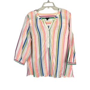 Talbots Blouse Shirt Womens Large Vertical Stripes 3/4 Sleeves Multicolor